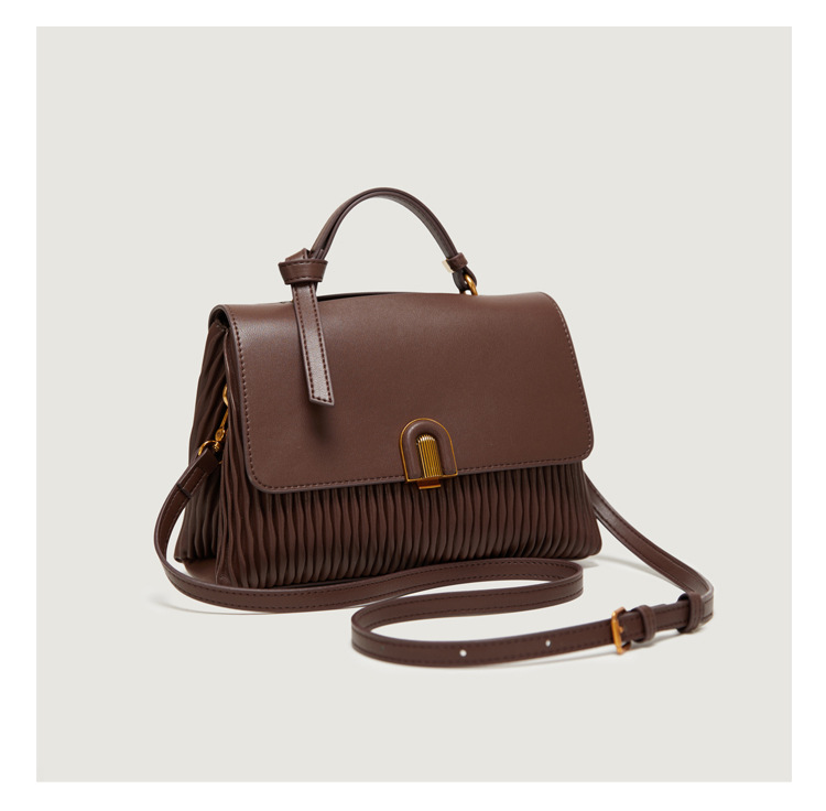 Womens Fashion Pleated Large Capacity Leather Satchel Handbag